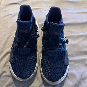 Adidas EQT navy blue shoes with salmon pink detail on the back